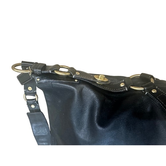 Coach Carly Large Black Leather Hobo Shoulder Bag Gold Hardware Turnlock Closure - Picture 4 of 13